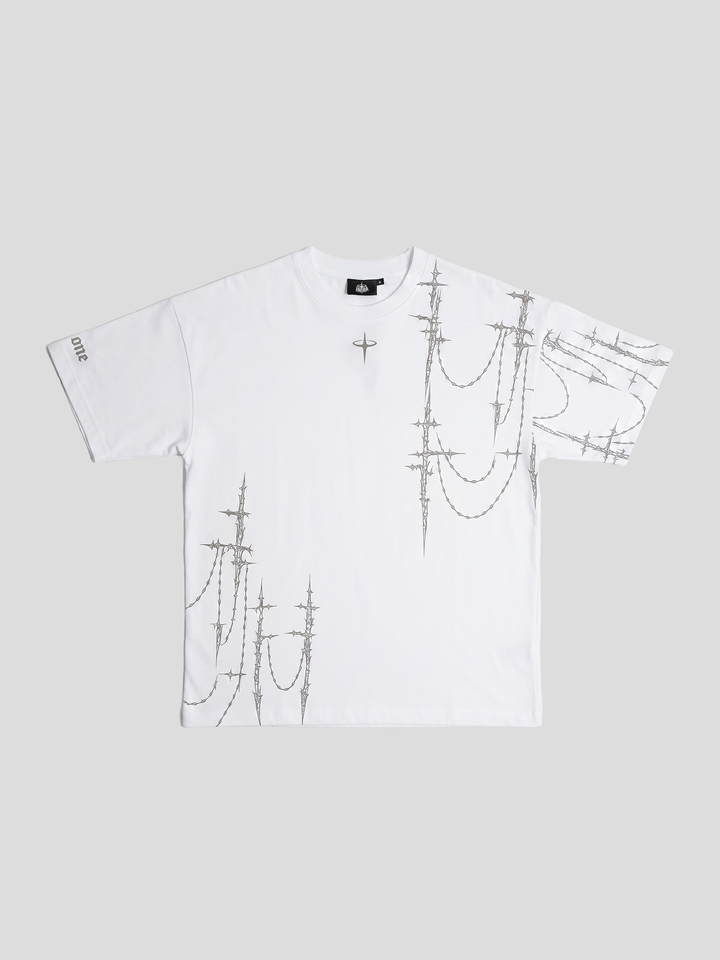 INTRA ONE's Purgatory Reign tee in White, front flat lay photo