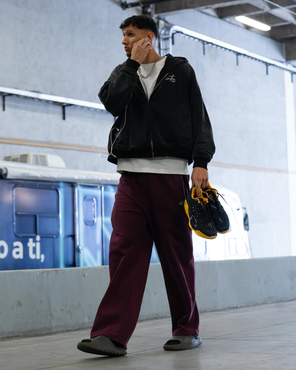 rj_melendez wearing INTRA ONE's toxic love zip up jacket on game day tunnel fit for the Capitanes CDMX