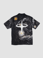 INTRA ONE's starry midnight button up shirt, inspired by Van Gogh's Starry Night painting, but a monochromatic version of the design, back view