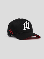 INTRA ONE's black 5 panel cap with 111 angel number logo symbol on it, with 2 small embroidered hearts and a red underbrim