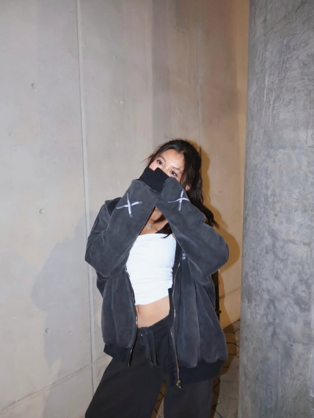 vn_evian wearing INTRA ONE's toxic love zip up jacket