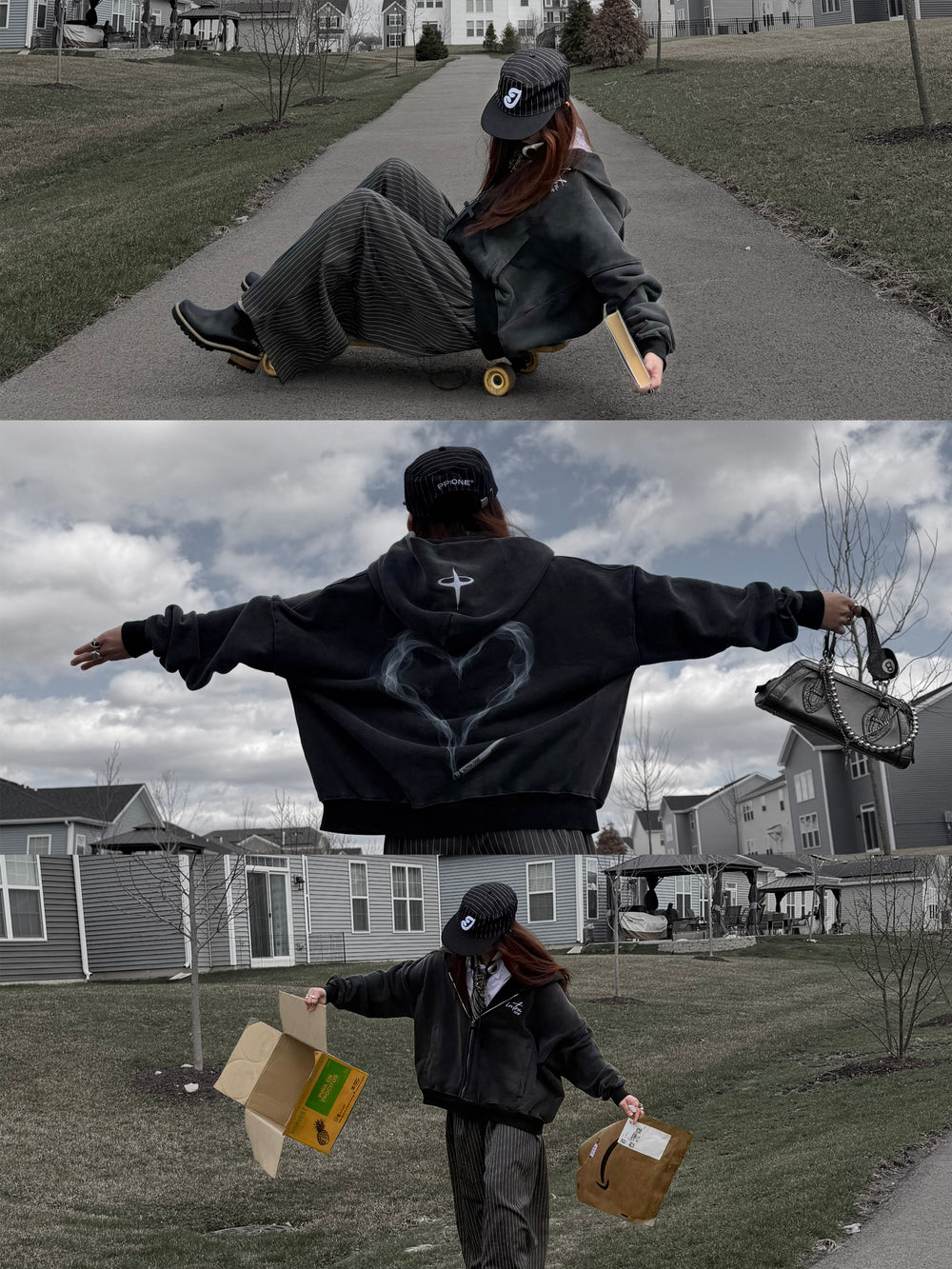 by.hime_ styling INTRA ONE's toxic love zip up jacket for an aesthetic edited streetwear shoot