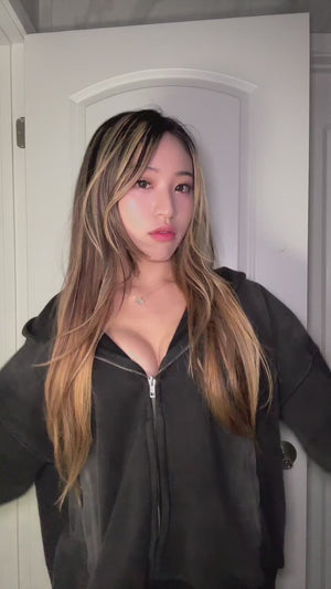 mimiephan wearing INTRA ONE's toxic love zip up jacket